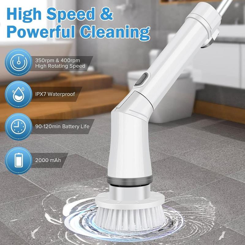 【D.P.C】Electric Spin Scrubber, 1 Piece Cordless Rechargeable Electric Cleaning Brush with 6 Replaceable Brush Heads, Electric Rotary Scrubber Brushes with Adjustable Extension Handle for Tile, Toilet, Floor, Household Cleaning Supplies
